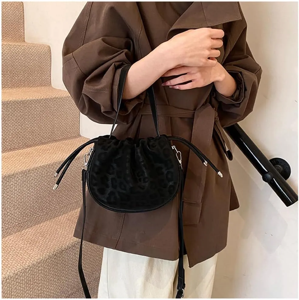 Small Leopard Drawstring Bucket Tote Bag Mini Cheetah Print Crossbody Drawstring Handbag and Purse Retro Leopard Purse