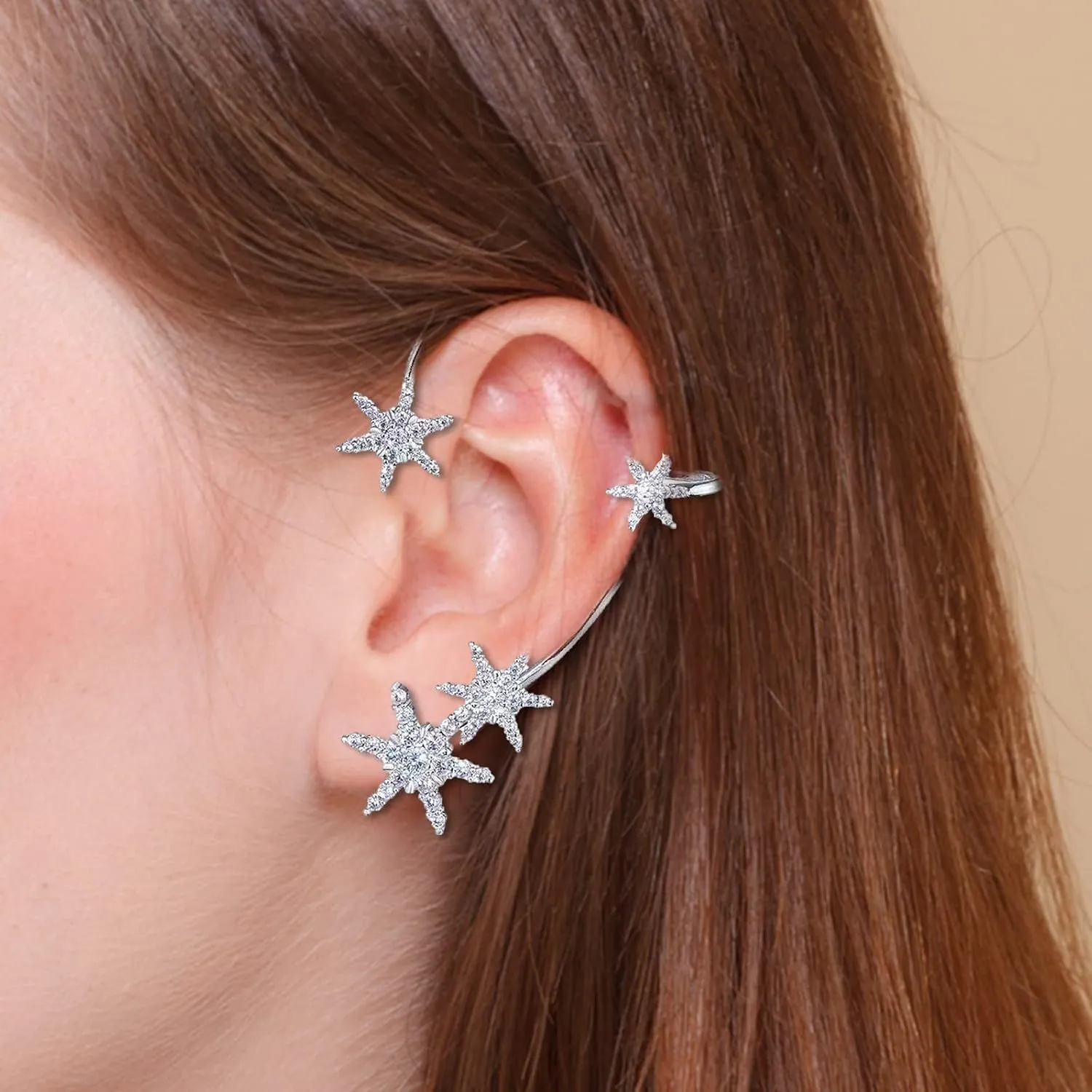 Snowflakes Cuff Earring for Women Dainty Non-Pierced Earring Sparkly Wrap Around Earrings Single Earrings (A, One Size)