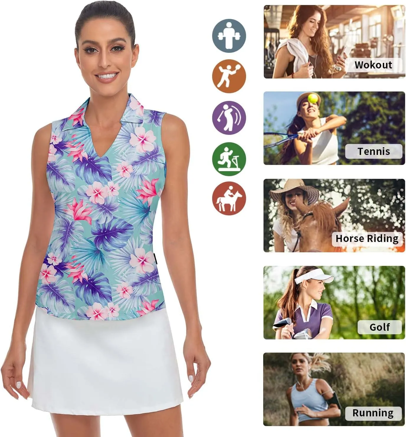Soneven Women's Sleeveless Printed Polo Golf Shirts Quick Dry V-Neck Lightweight Tennis Tank Tops, 50  UV Protection