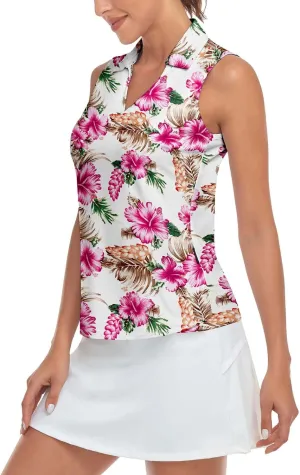 Soneven Women's Sleeveless Printed Polo Golf Shirts Quick Dry V-Neck Lightweight Tennis Tank Tops, 50  UV Protection