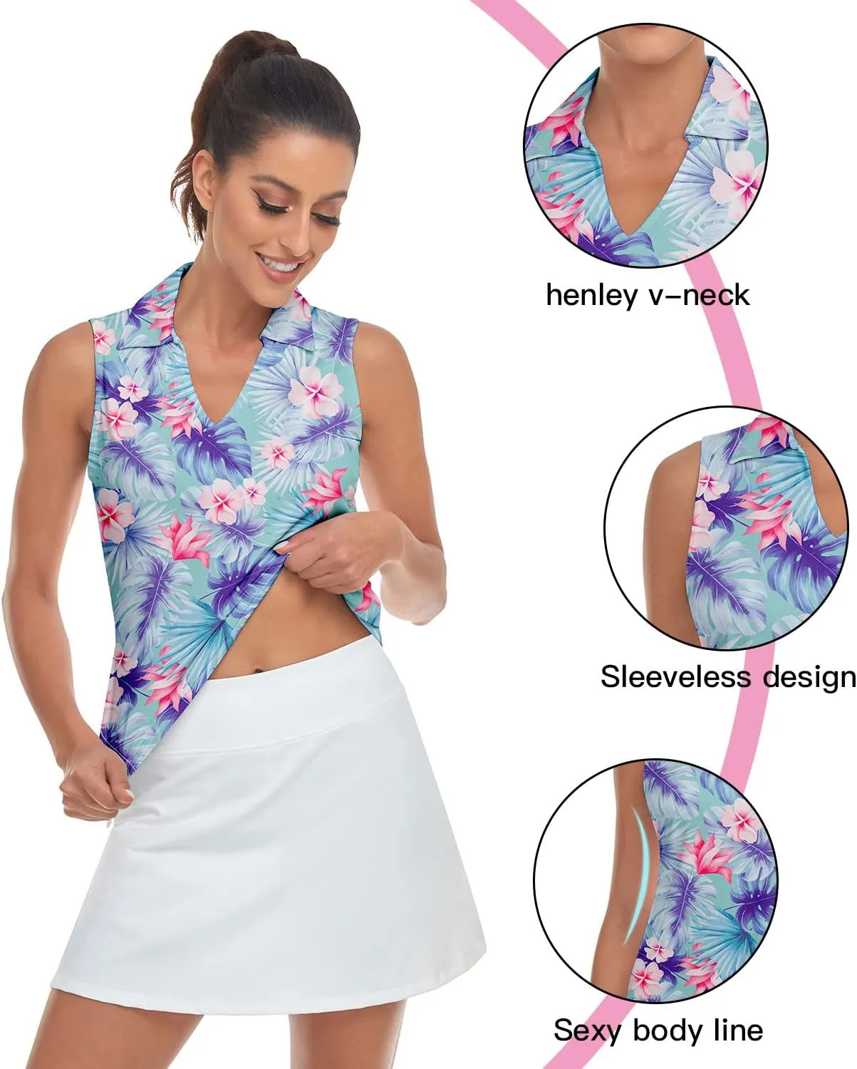 Soneven Women's Sleeveless Printed Polo Golf Shirts Quick Dry V-Neck Lightweight Tennis Tank Tops, 50  UV Protection