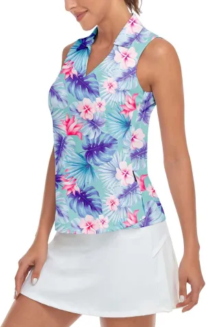 Soneven Women's Sleeveless Printed Polo Golf Shirts Quick Dry V-Neck Lightweight Tennis Tank Tops, 50  UV Protection