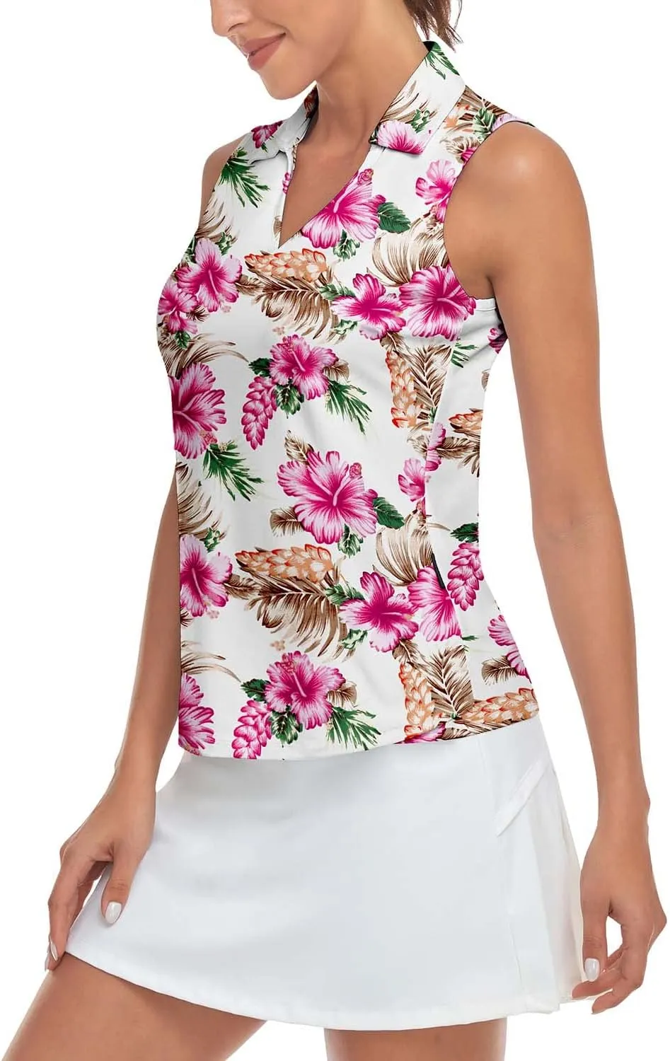 Soneven Women's Sleeveless Printed Polo Golf Shirts Quick Dry V-Neck Lightweight Tennis Tank Tops, 50  UV Protection