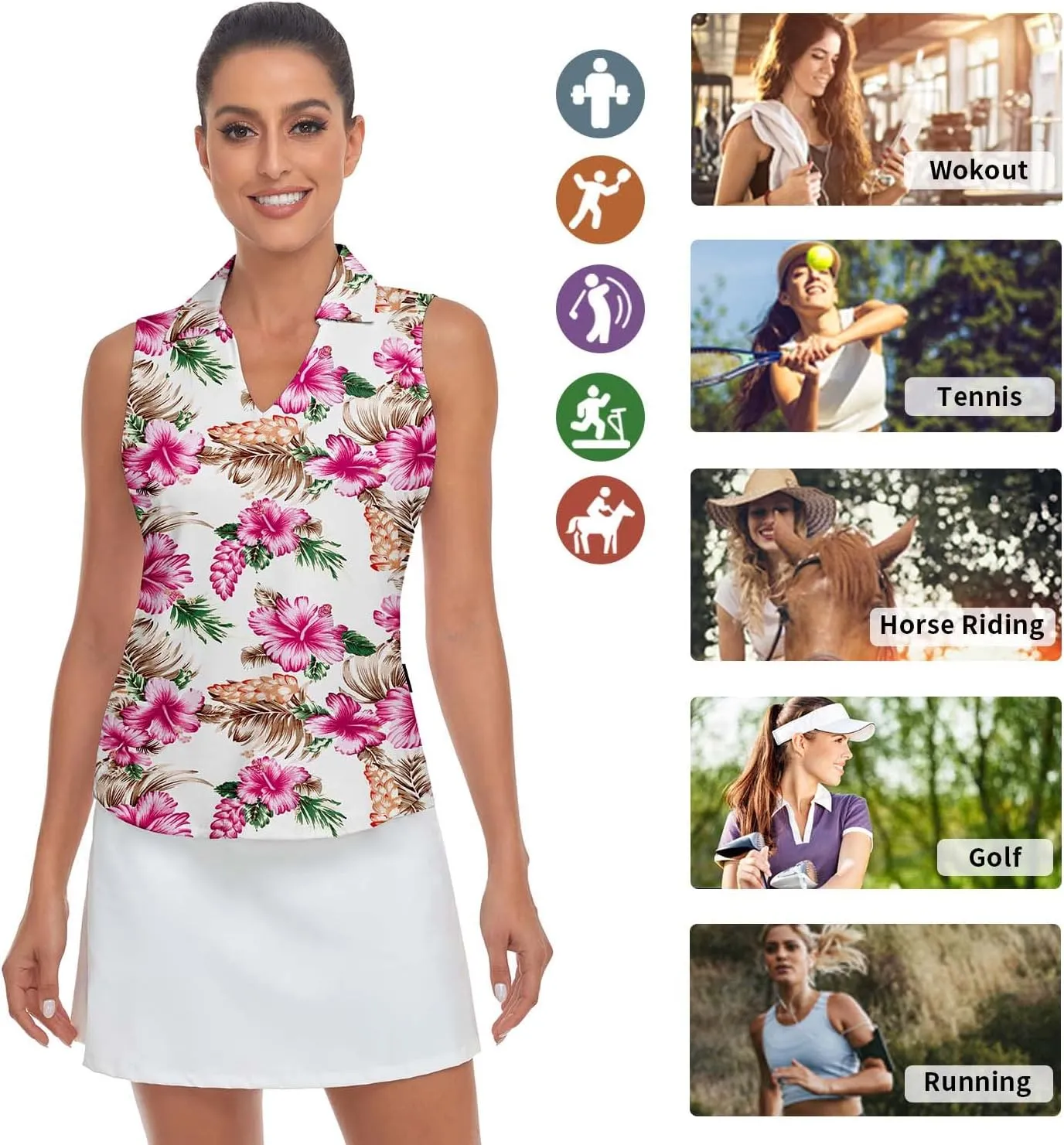 Soneven Women's Sleeveless Printed Polo Golf Shirts Quick Dry V-Neck Lightweight Tennis Tank Tops, 50  UV Protection