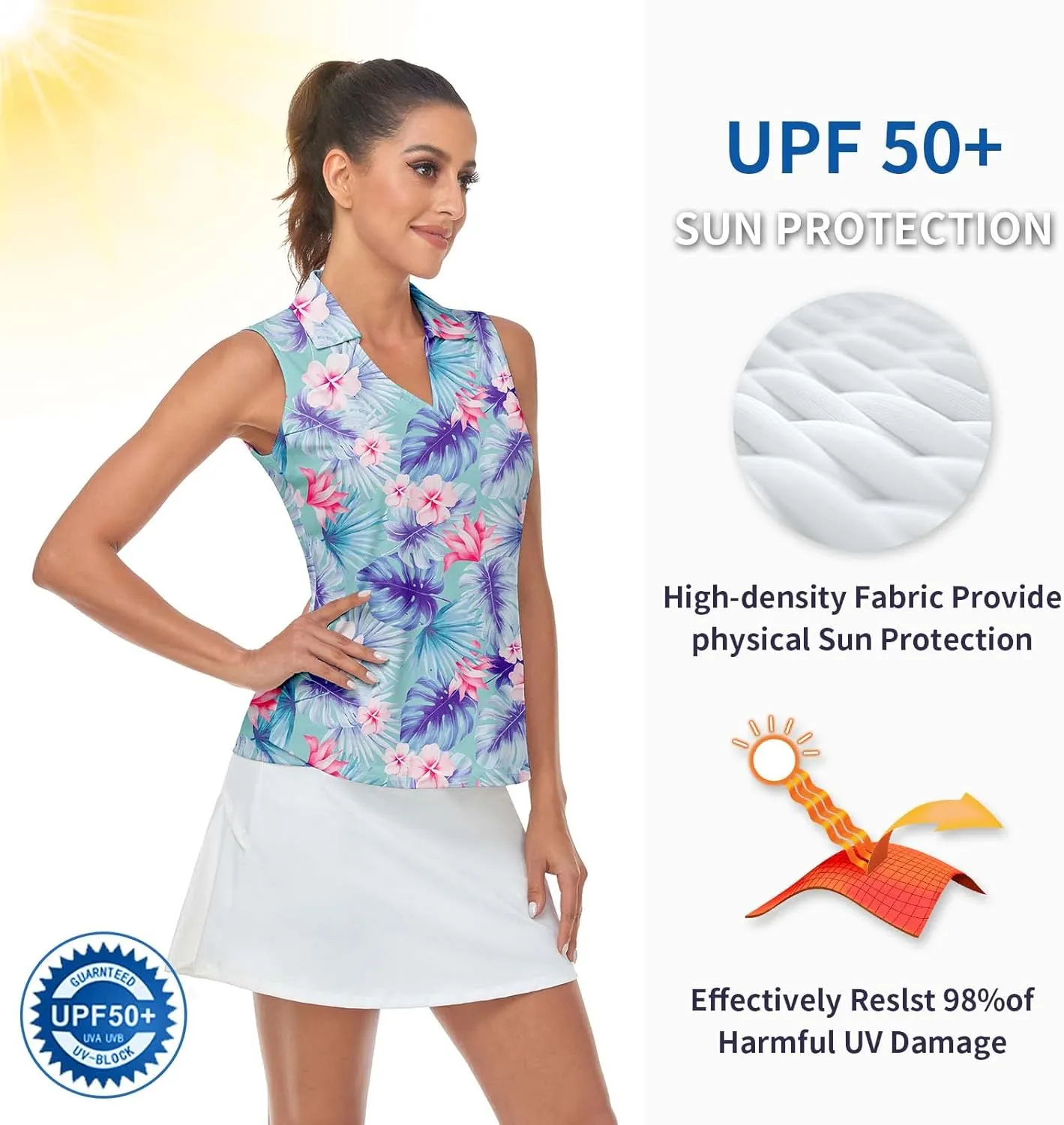 Soneven Women's Sleeveless Printed Polo Golf Shirts Quick Dry V-Neck Lightweight Tennis Tank Tops, 50  UV Protection