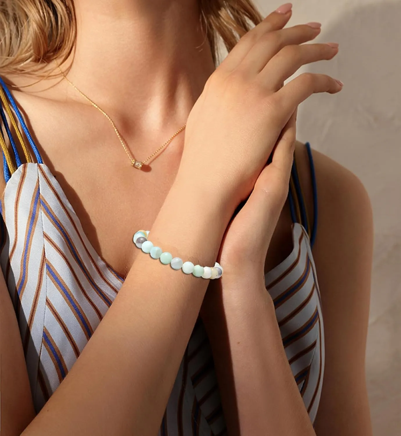 SONNYX 1PCS Crystal Stone Bracelets for Women Men Semi-Precious Gemstone Bracelets 8mm Round Beads Stretch Beaded Bracelet Jewelry