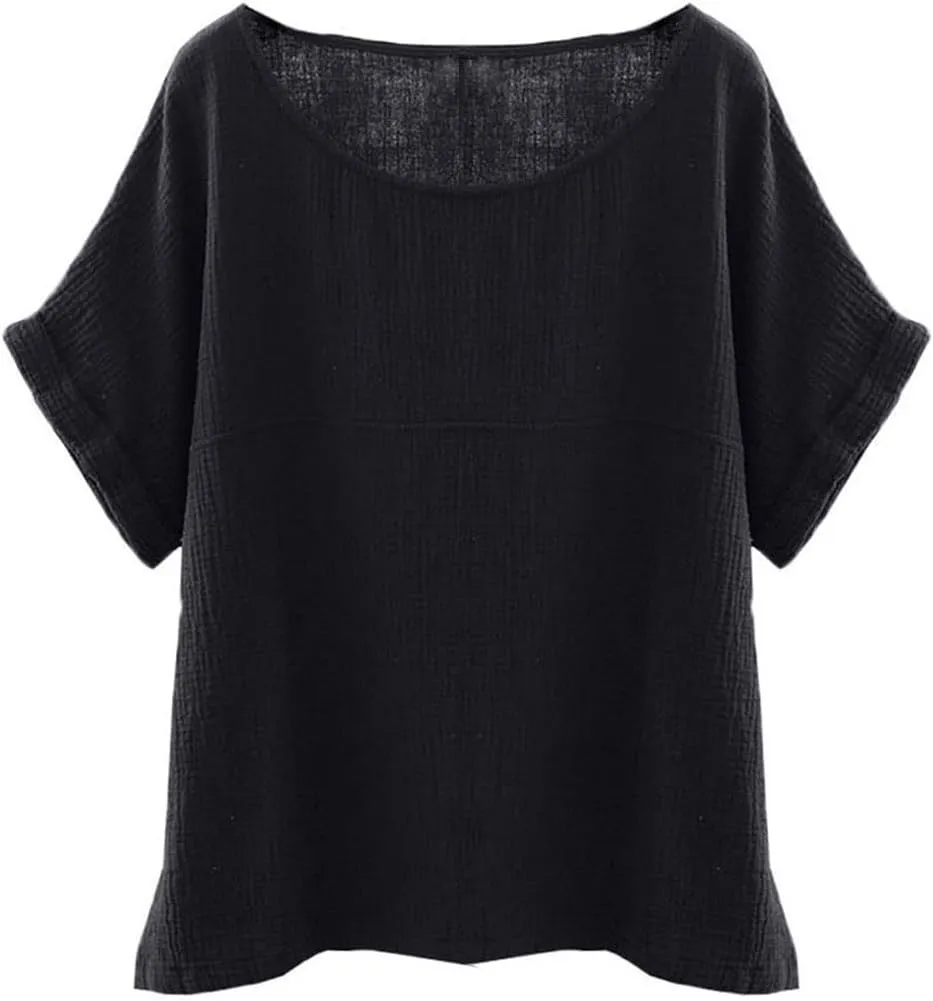 Soojun Women's Cotton Linen Round Collar Boxy Top Patchwork Blouses