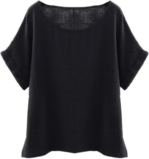 Soojun Women's Cotton Linen Round Collar Boxy Top Patchwork Blouses