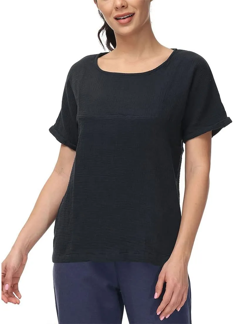 Soojun Women's Cotton Linen Round Collar Boxy Top Patchwork Blouses
