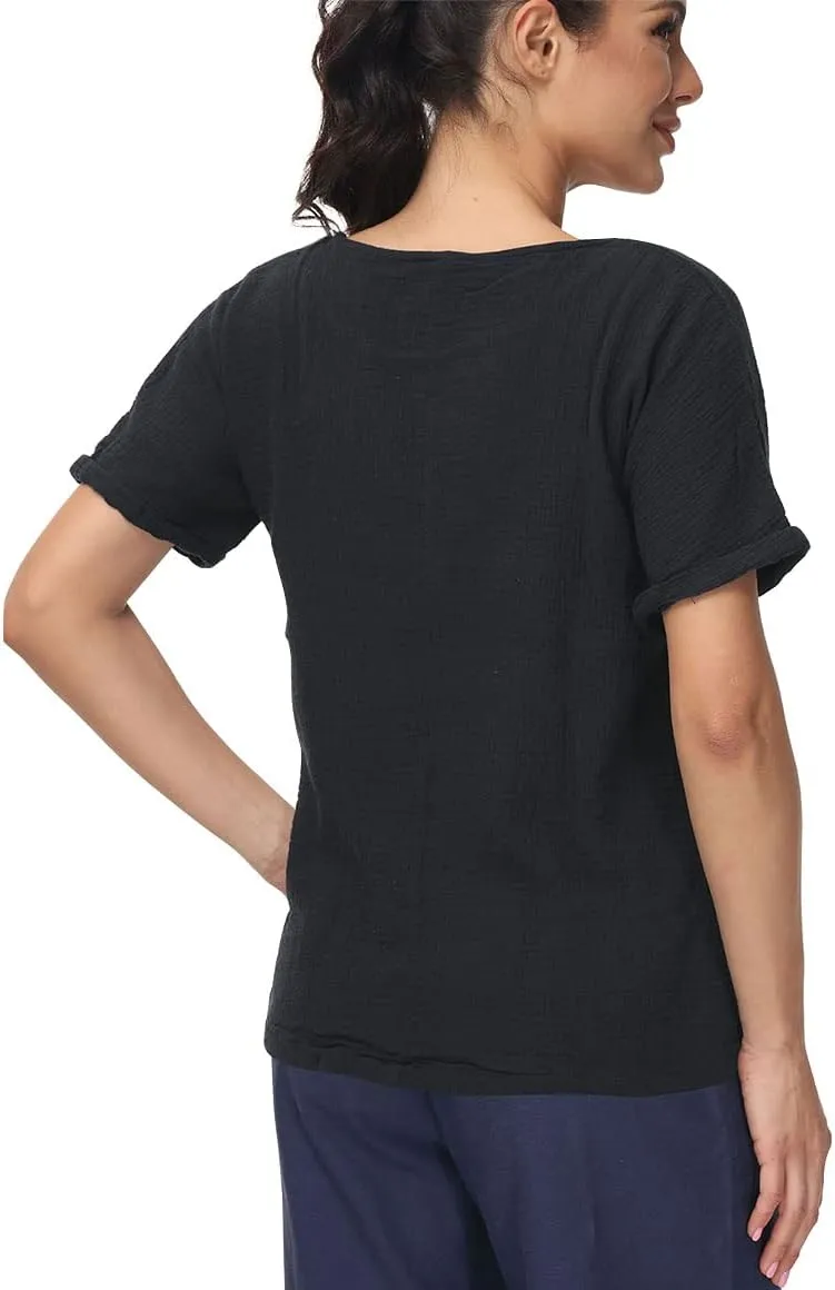 Soojun Women's Cotton Linen Round Collar Boxy Top Patchwork Blouses