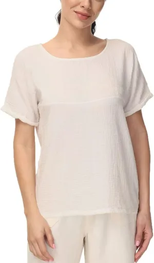 Soojun Women's Cotton Linen Round Collar Boxy Top Patchwork Blouses
