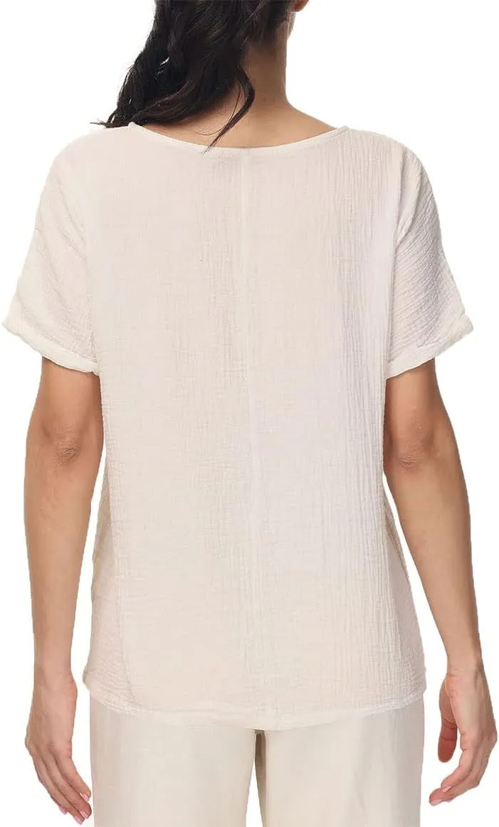 Soojun Women's Cotton Linen Round Collar Boxy Top Patchwork Blouses