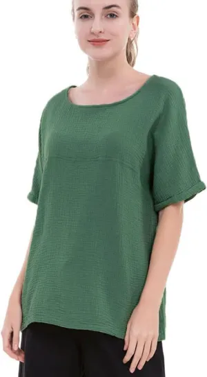 Soojun Women's Cotton Linen Round Collar Boxy Top Patchwork Blouses
