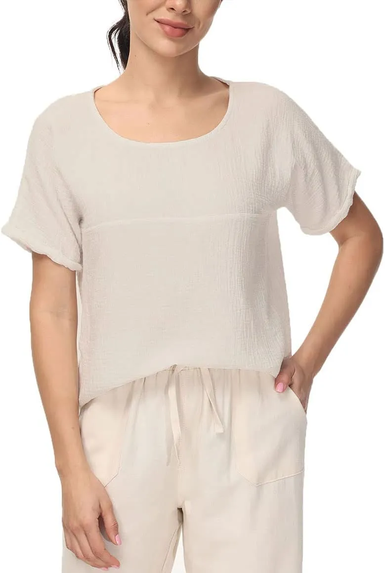 Soojun Women's Cotton Linen Round Collar Boxy Top Patchwork Blouses