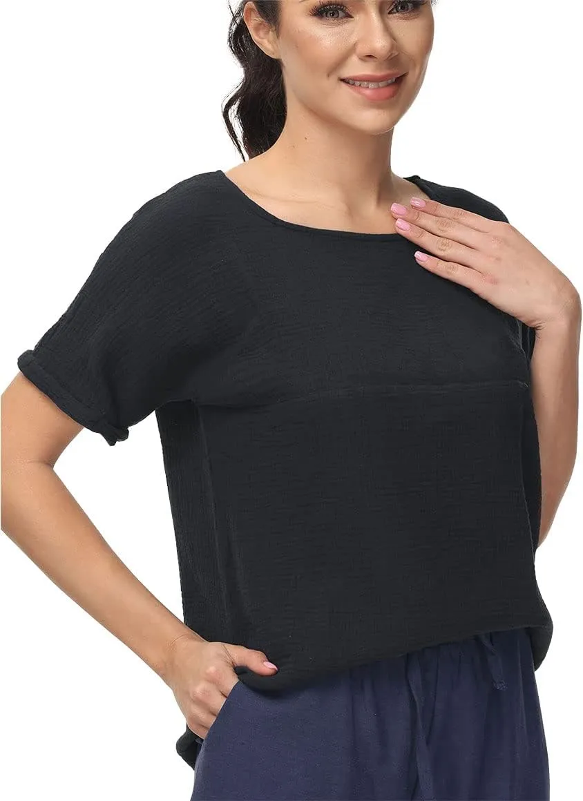 Soojun Women's Cotton Linen Round Collar Boxy Top Patchwork Blouses