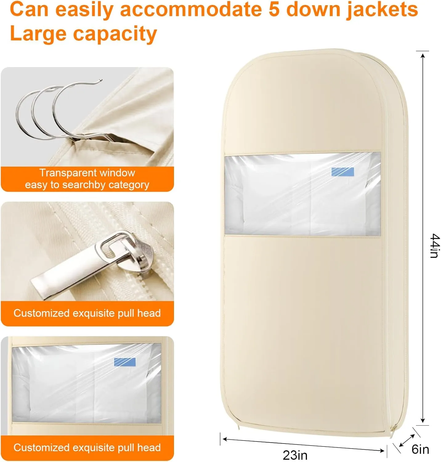 Space Saving Hanging Garment Bag with Self Compression Zipper, Thick Dustproof Garment Bags for Hanging Clothes, Space Saving Garment Bags with Compression Zip Technology (Beige, 44 * 23 * 6IN)