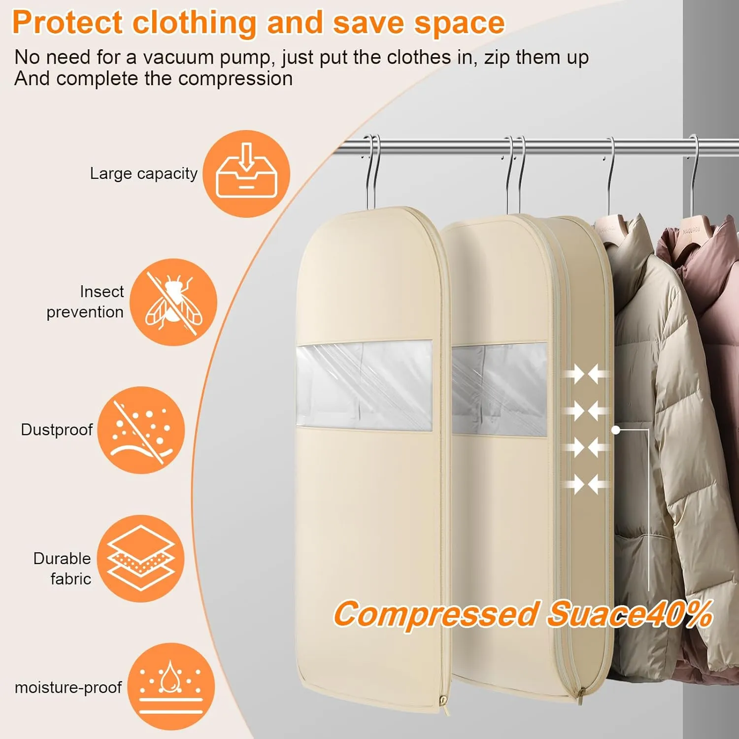 Space Saving Hanging Garment Bag with Self Compression Zipper, Thick Dustproof Garment Bags for Hanging Clothes, Space Saving Garment Bags with Compression Zip Technology (Beige, 44 * 23 * 6IN)