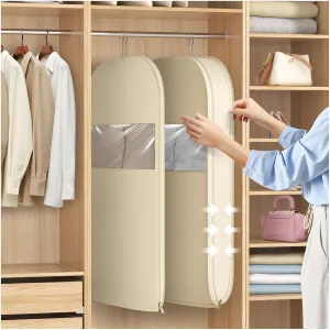 Space Saving Hanging Garment Bag with Self Compression Zipper, Thick Dustproof Garment Bags for Hanging Clothes, Space Saving Garment Bags with Compression Zip Technology (Beige, 44 * 23 * 6IN)