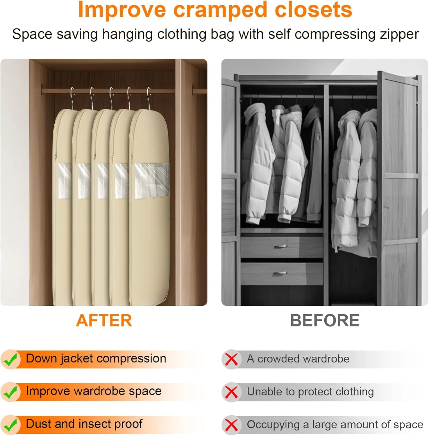Space Saving Hanging Garment Bag with Self Compression Zipper, Thick Dustproof Garment Bags for Hanging Clothes, Space Saving Garment Bags with Compression Zip Technology (Beige, 44 * 23 * 6IN)