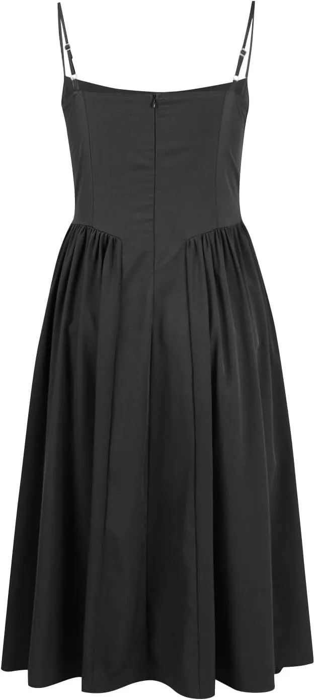 Spaghetti Strap Corset Dress for Women Formal Sexy Low Cut Midi Dress Boho Pleated Hem Cocktail Dresses with Pockets