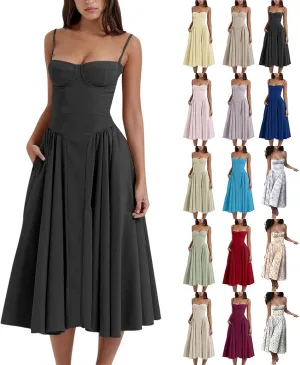 Spaghetti Strap Corset Dress for Women Formal Sexy Low Cut Midi Dress Boho Pleated Hem Cocktail Dresses with Pockets