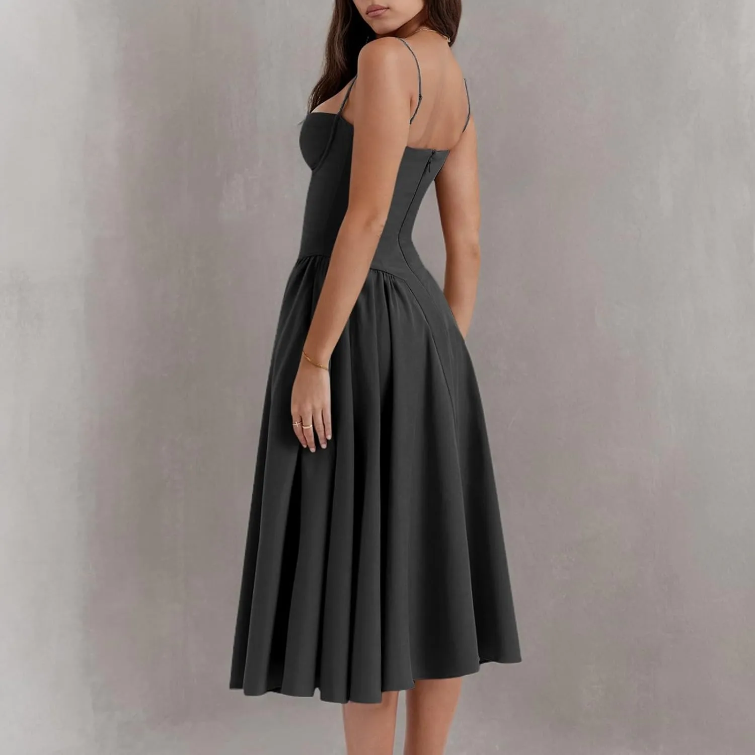 Spaghetti Strap Corset Dress for Women Formal Sexy Low Cut Midi Dress Boho Pleated Hem Cocktail Dresses with Pockets