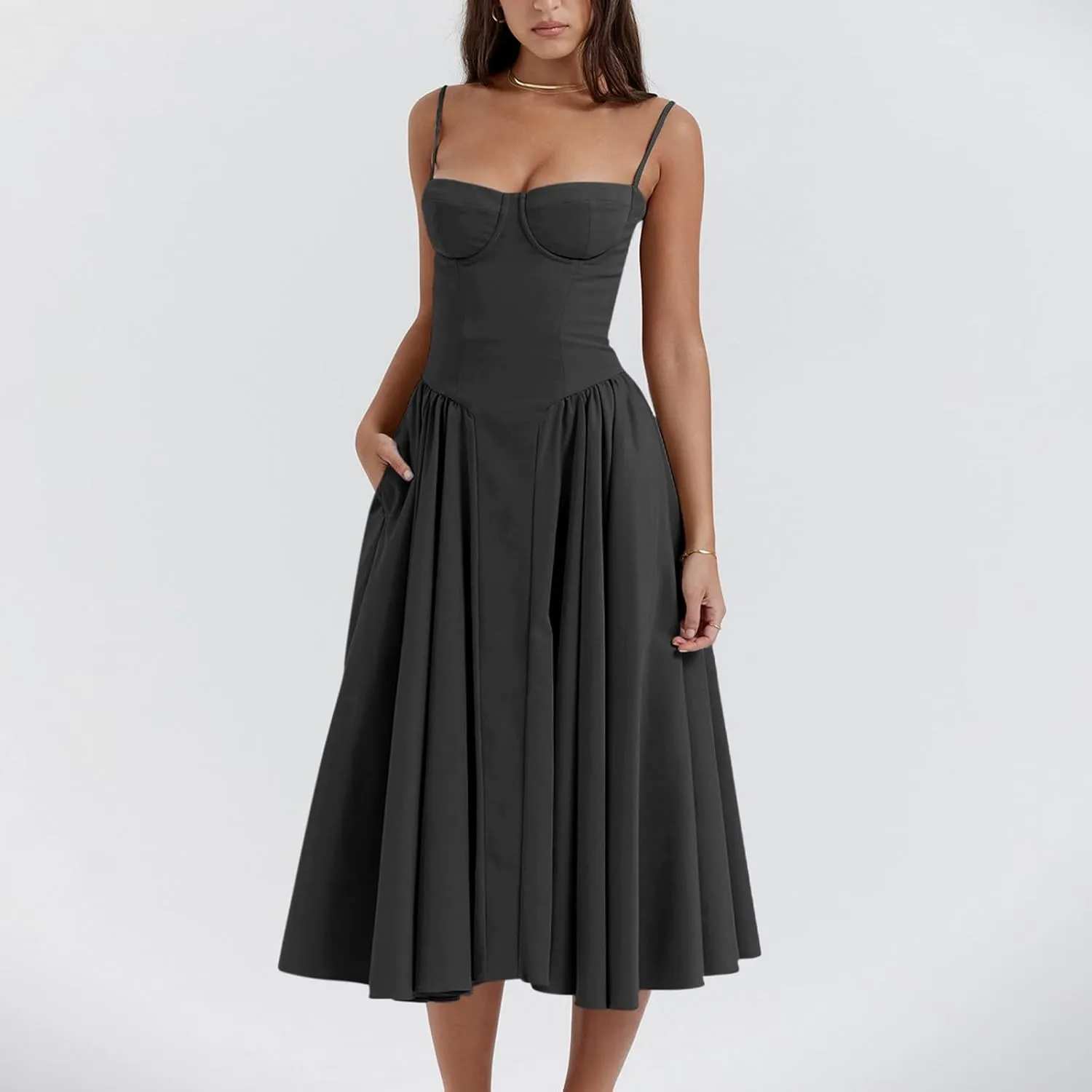 Spaghetti Strap Corset Dress for Women Formal Sexy Low Cut Midi Dress Boho Pleated Hem Cocktail Dresses with Pockets