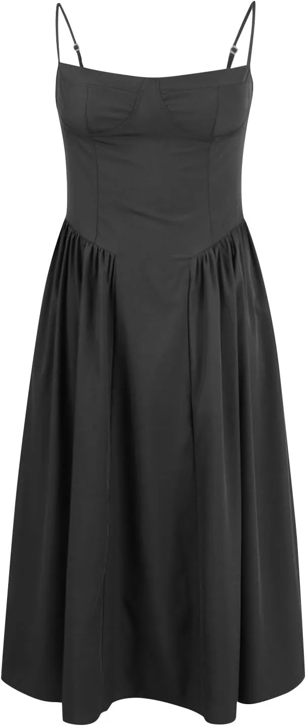 Spaghetti Strap Corset Dress for Women Formal Sexy Low Cut Midi Dress Boho Pleated Hem Cocktail Dresses with Pockets