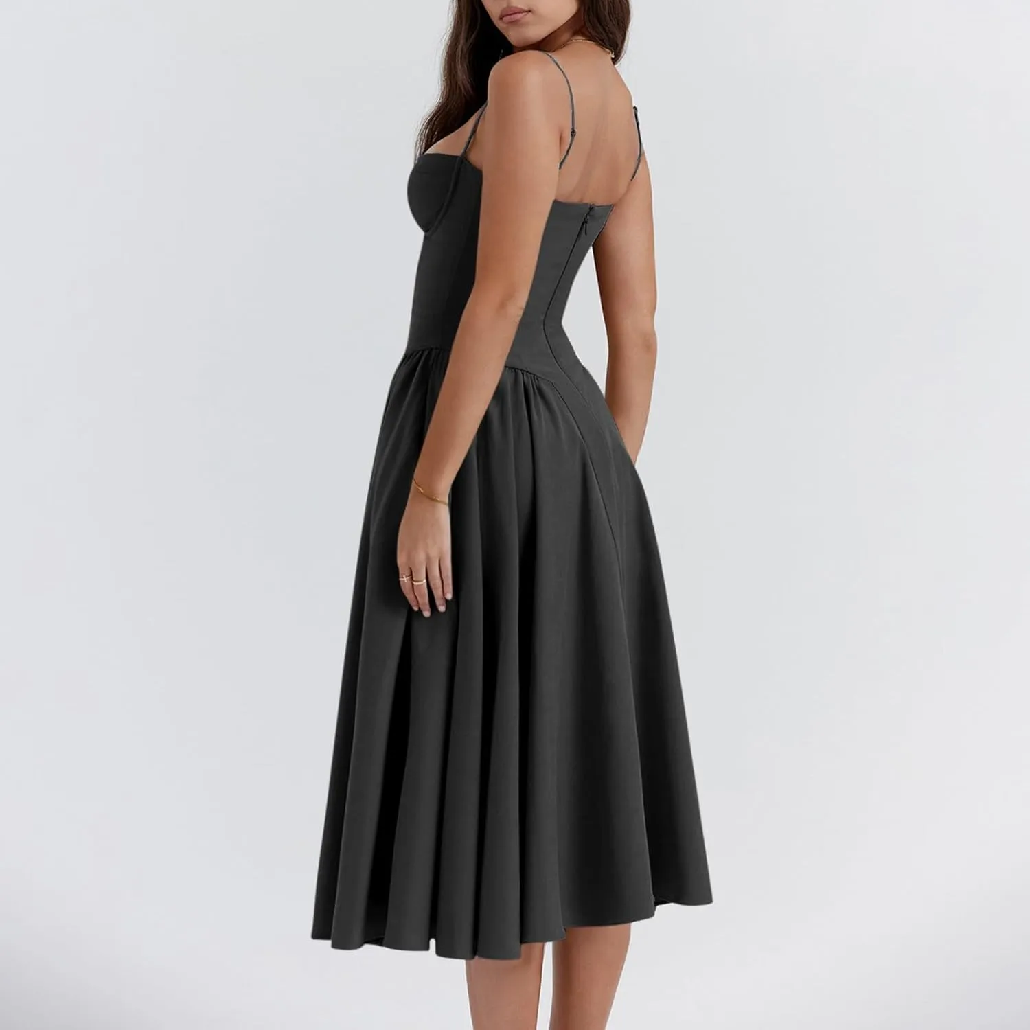 Spaghetti Strap Corset Dress for Women Formal Sexy Low Cut Midi Dress Boho Pleated Hem Cocktail Dresses with Pockets