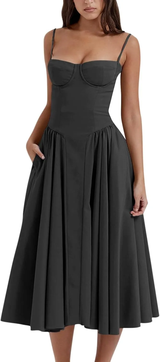 Spaghetti Strap Corset Dress for Women Formal Sexy Low Cut Midi Dress Boho Pleated Hem Cocktail Dresses with Pockets