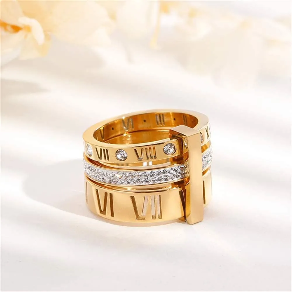 Stainless Steel CZ Zirconia Roman Numeral Ring for Women 3 in 1 Trinity Wedding Band Rings