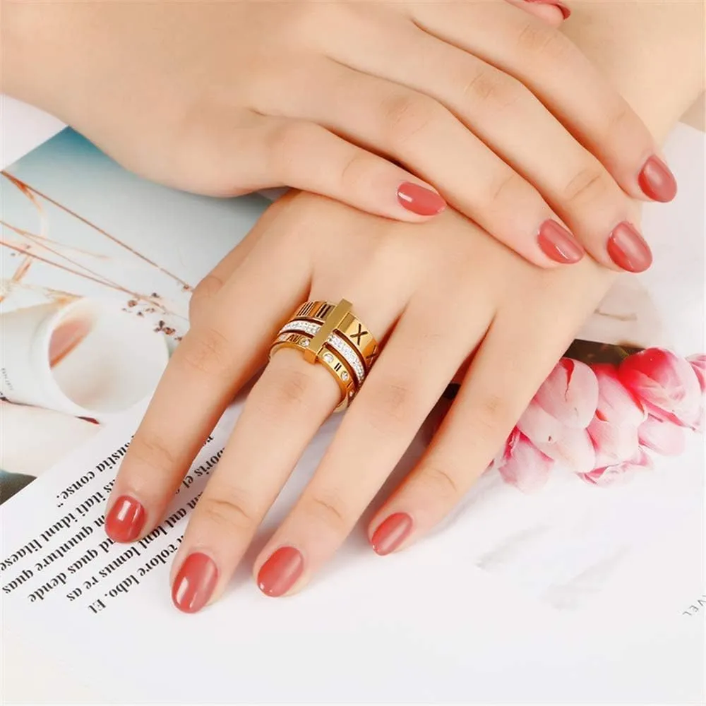 Stainless Steel CZ Zirconia Roman Numeral Ring for Women 3 in 1 Trinity Wedding Band Rings