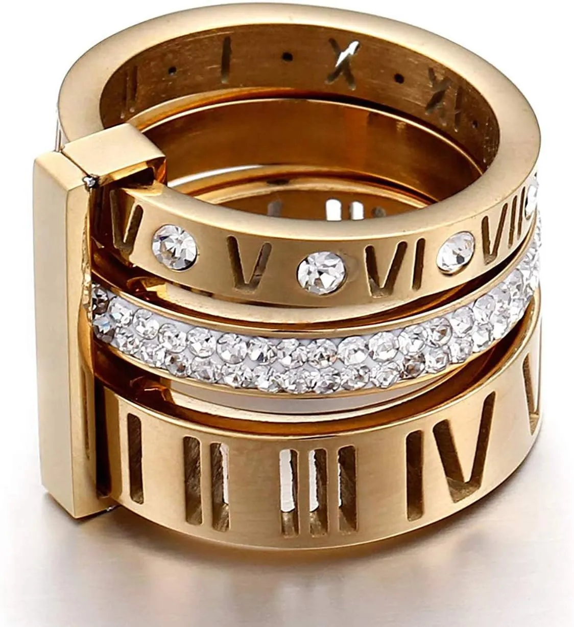 Stainless Steel CZ Zirconia Roman Numeral Ring for Women 3 in 1 Trinity Wedding Band Rings