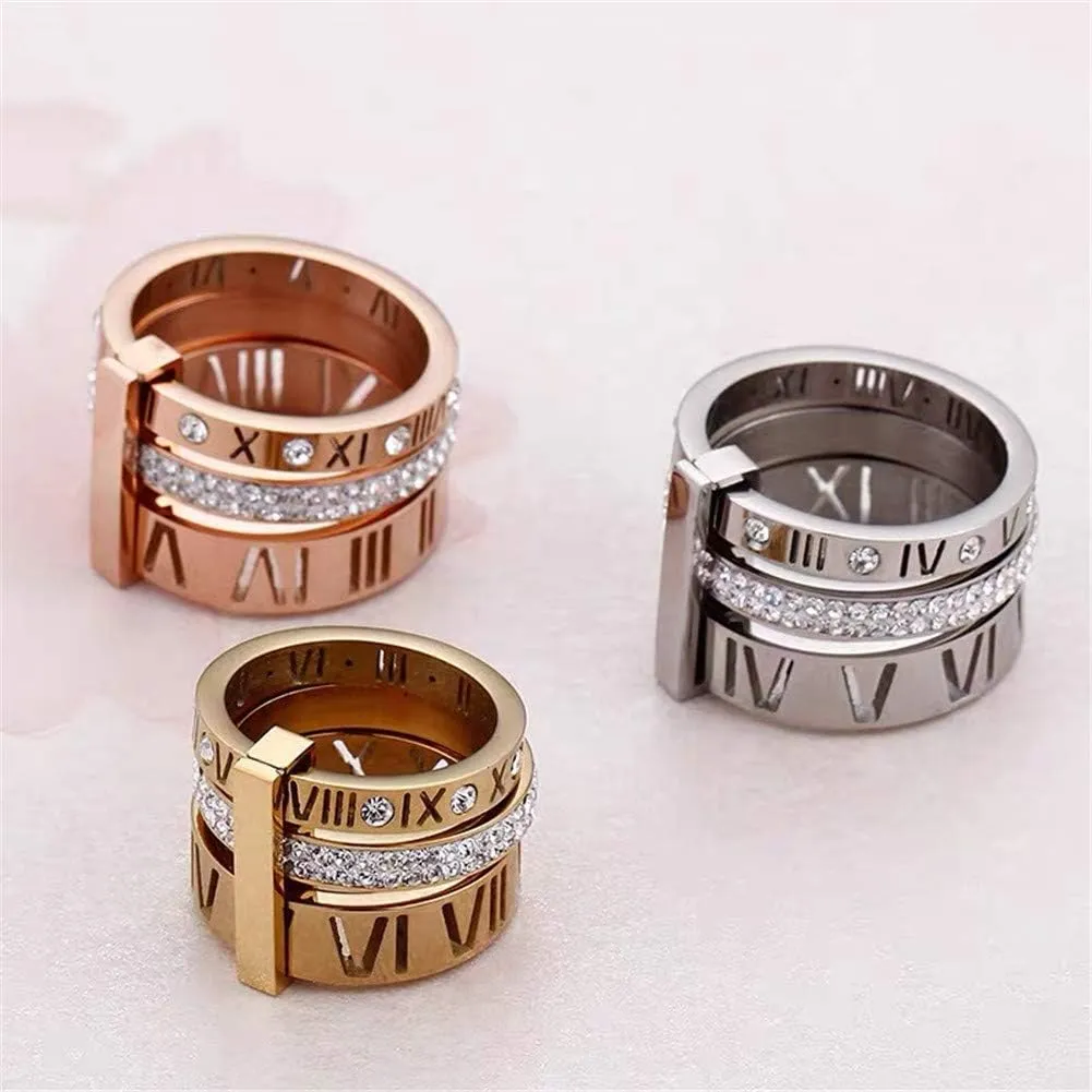 Stainless Steel CZ Zirconia Roman Numeral Ring For Women Stacking Thumb 3 in 1 Spinner Rings