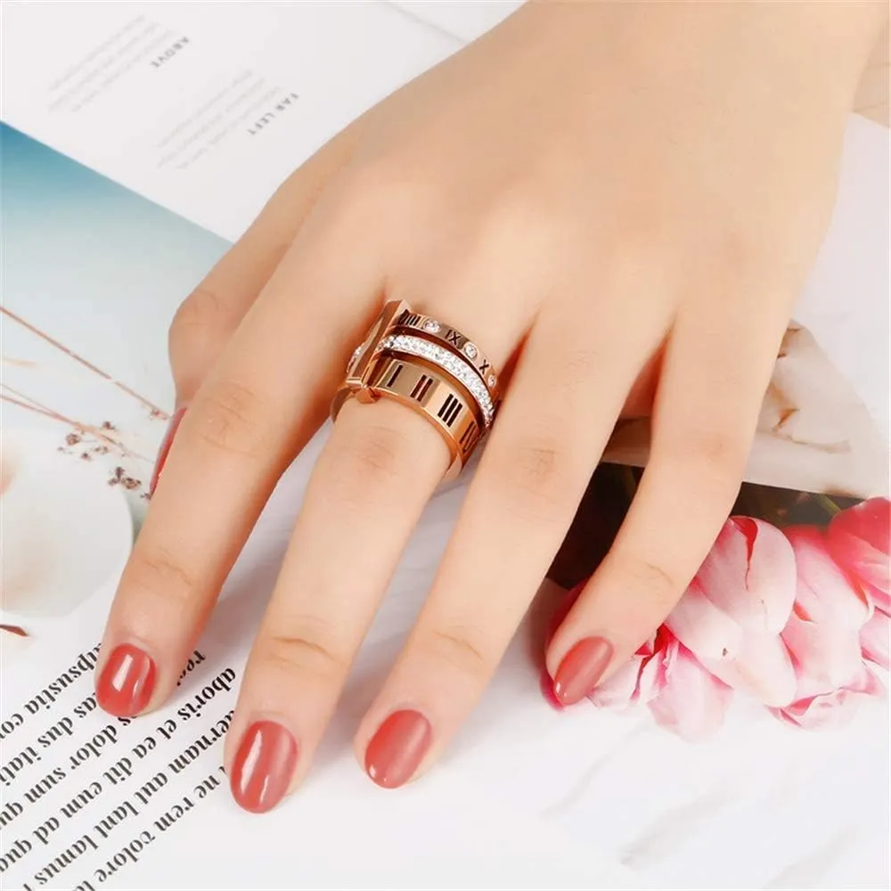 Stainless Steel CZ Zirconia Roman Numeral Ring For Women Stacking Thumb 3 in 1 Spinner Rings