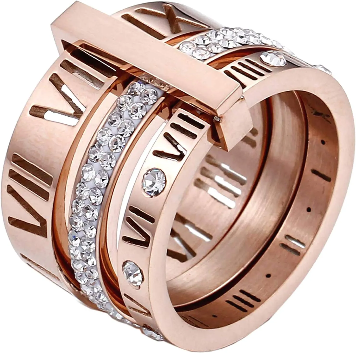 Stainless Steel CZ Zirconia Roman Numeral Ring For Women Stacking Thumb 3 in 1 Spinner Rings
