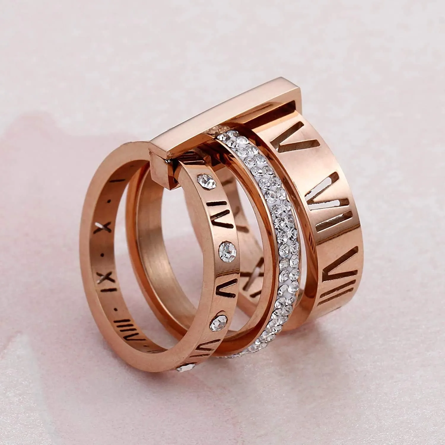 Stainless Steel CZ Zirconia Roman Numeral Ring For Women Stacking Thumb 3 in 1 Spinner Rings