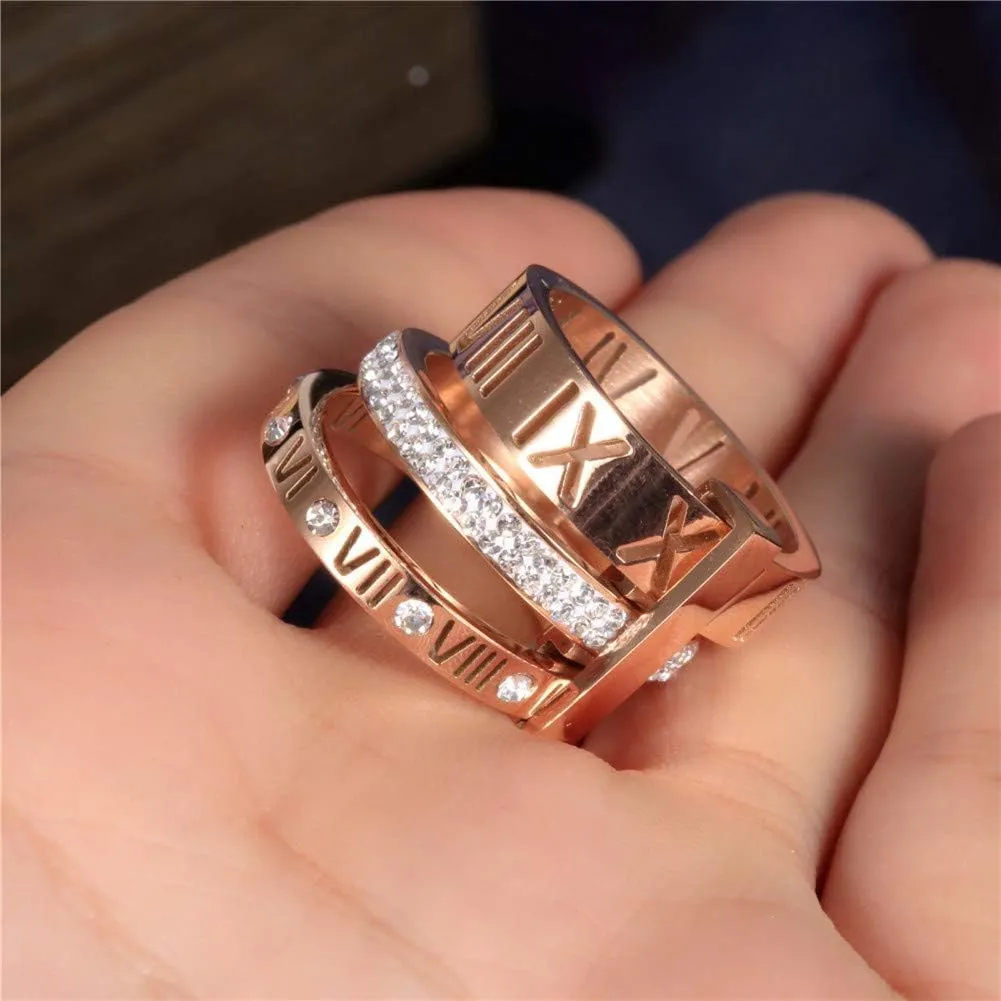 Stainless Steel CZ Zirconia Roman Numeral Ring For Women Stacking Thumb 3 in 1 Spinner Rings