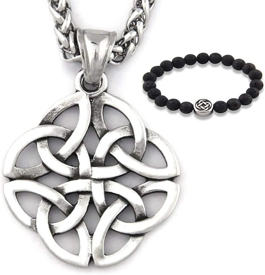 Stainless Steel Silvertone Irish Celtic Knot Pendant Eternal Love Necklace Protection Amulet Talisman