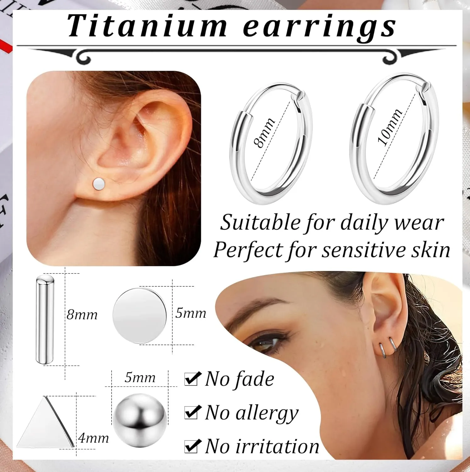 Staligue 6 Pairs Titanium Earrings for Women Men G23 Pure Titanium Earrings for Sensitive Ears Ball Dot Triangle 20G hypoallergenic Titanium Earrings Sets for Multiple Piercing Nap Flat Back Earrings Set