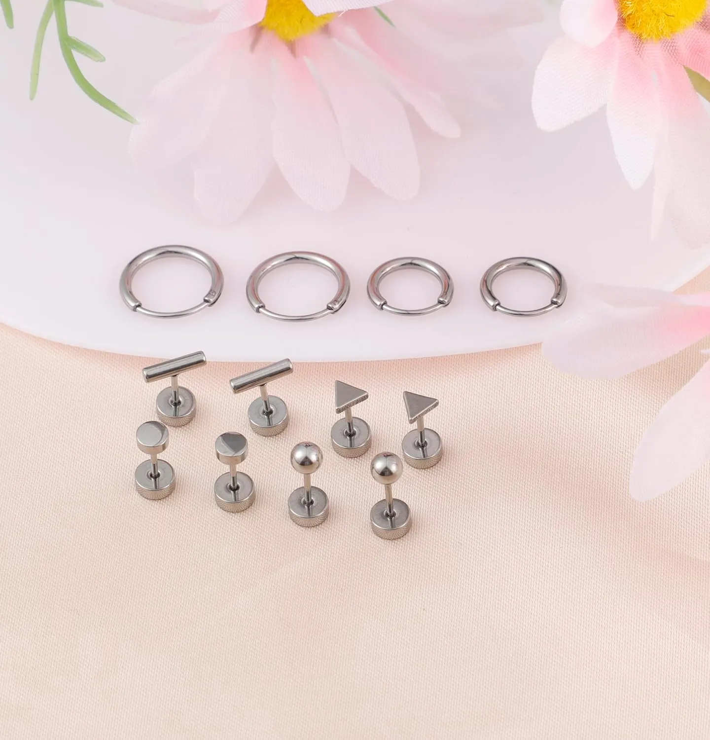 Staligue 6 Pairs Titanium Earrings for Women Men G23 Pure Titanium Earrings for Sensitive Ears Ball Dot Triangle 20G hypoallergenic Titanium Earrings Sets for Multiple Piercing Nap Flat Back Earrings Set