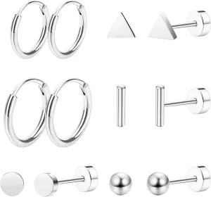 Staligue 6 Pairs Titanium Earrings for Women Men G23 Pure Titanium Earrings for Sensitive Ears Ball Dot Triangle 20G hypoallergenic Titanium Earrings Sets for Multiple Piercing Nap Flat Back Earrings Set