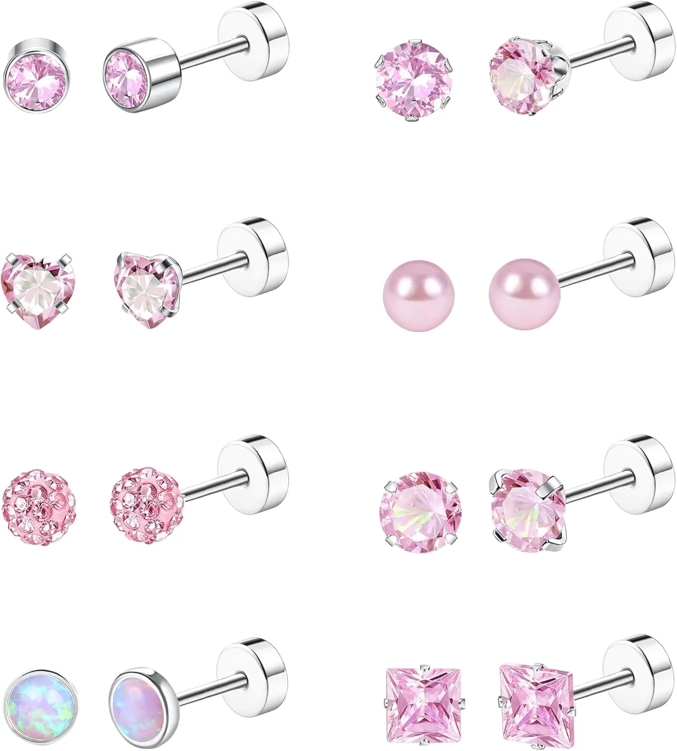 Staligue 8 Pairs Titanium Surgical Steel Earrings for Women Men Hypoallergenic Flat Back Stud Earrings for Sensitive Ears 20 Gauge Surgical Steel Cartilage Earring Opal CZ Pearl Small Nap Sleeper Earrings