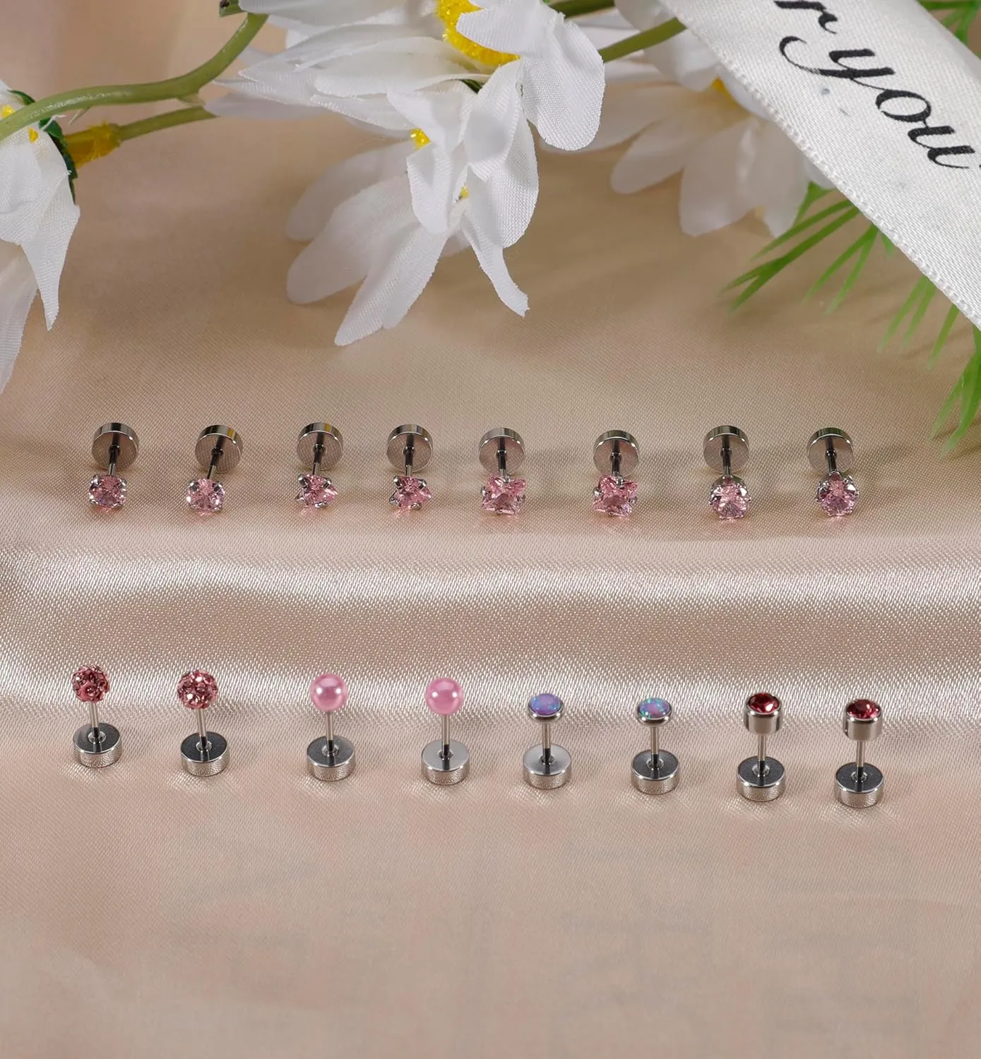 Staligue 8 Pairs Titanium Surgical Steel Earrings for Women Men Hypoallergenic Flat Back Stud Earrings for Sensitive Ears 20 Gauge Surgical Steel Cartilage Earring Opal CZ Pearl Small Nap Sleeper Earrings