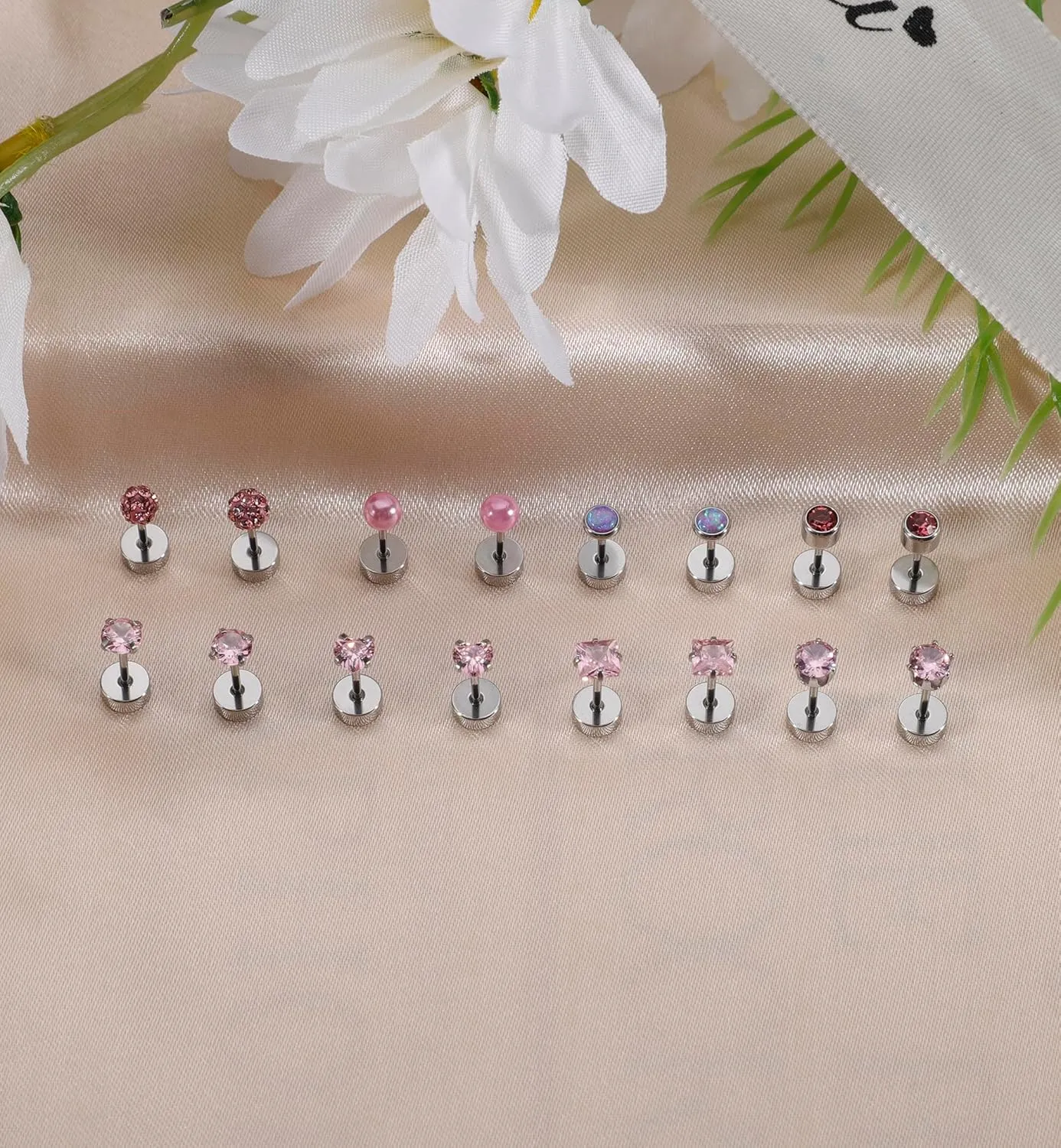 Staligue 8 Pairs Titanium Surgical Steel Earrings for Women Men Hypoallergenic Flat Back Stud Earrings for Sensitive Ears 20 Gauge Surgical Steel Cartilage Earring Opal CZ Pearl Small Nap Sleeper Earrings
