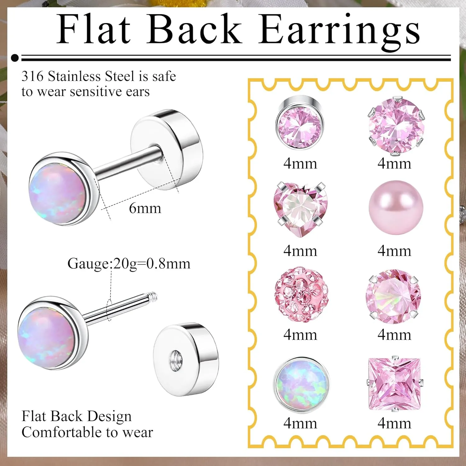 Staligue 8 Pairs Titanium Surgical Steel Earrings for Women Men Hypoallergenic Flat Back Stud Earrings for Sensitive Ears 20 Gauge Surgical Steel Cartilage Earring Opal CZ Pearl Small Nap Sleeper Earrings