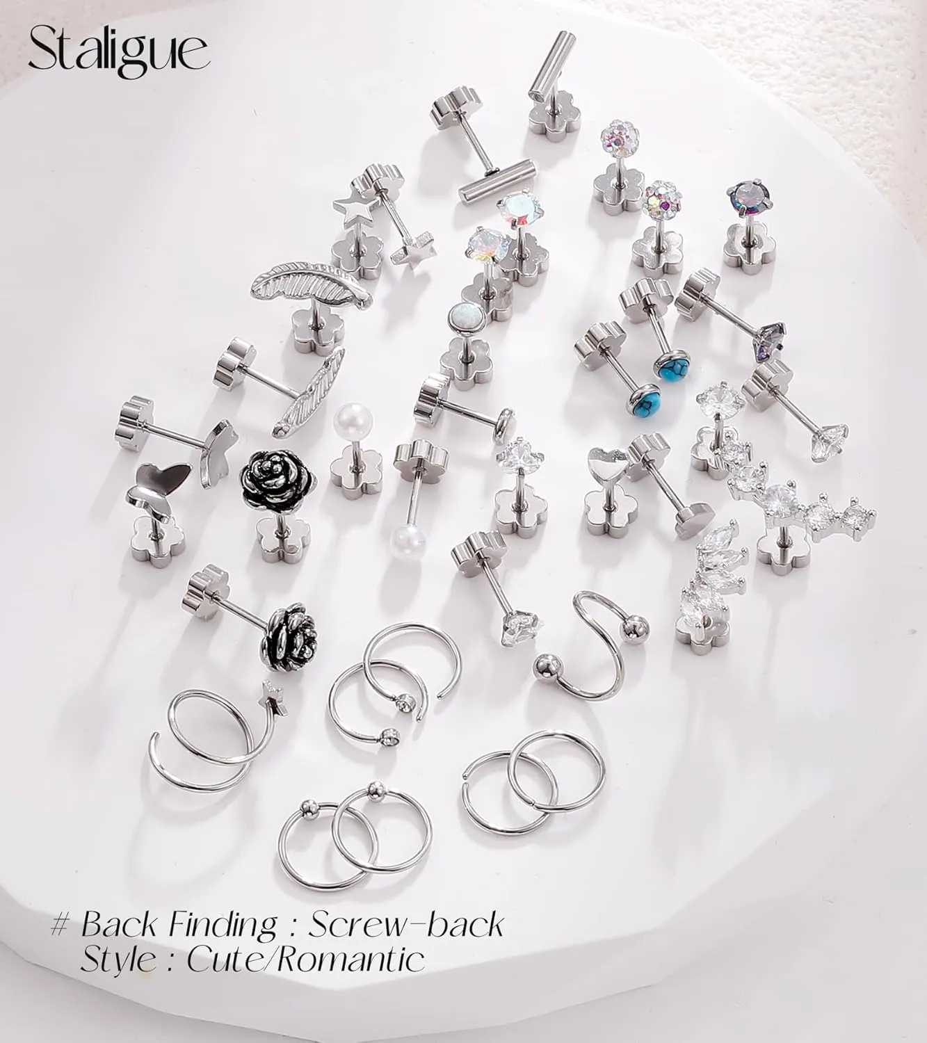 Staligue Surgical Steel Flat Back Earrings Set for Women Men Hypoallergenic 20G Stainless Steel Stud and Hoops Earrings for Sensitive Ears Small Cz Heart Star Moon Opal Cartilage Earrings