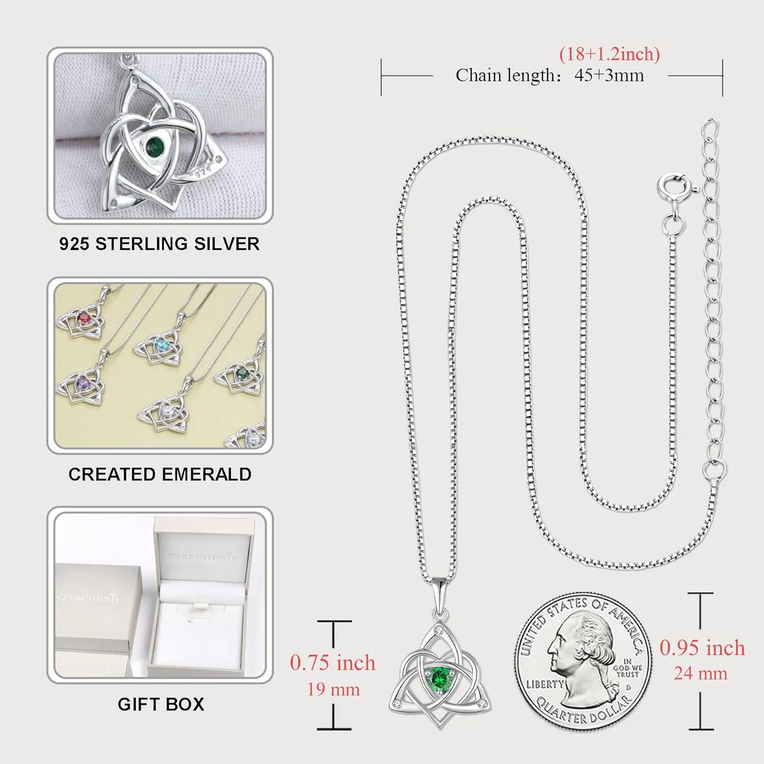 STARCHENIE Celtic Knot Necklace for Women 925 Sterling Silver Trinity Love Knot Pendant Birthstones Jewelry