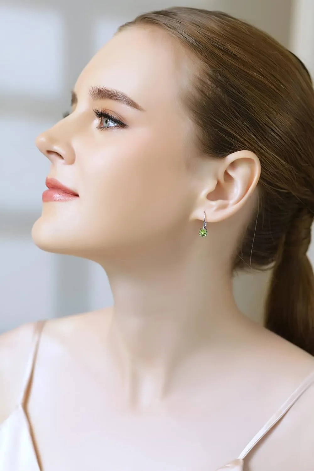 Sterling Silver Birthstone Drop Earrings, Crystal Solitaire Dangle Earrings, 6mm Round Leverback, Dainty