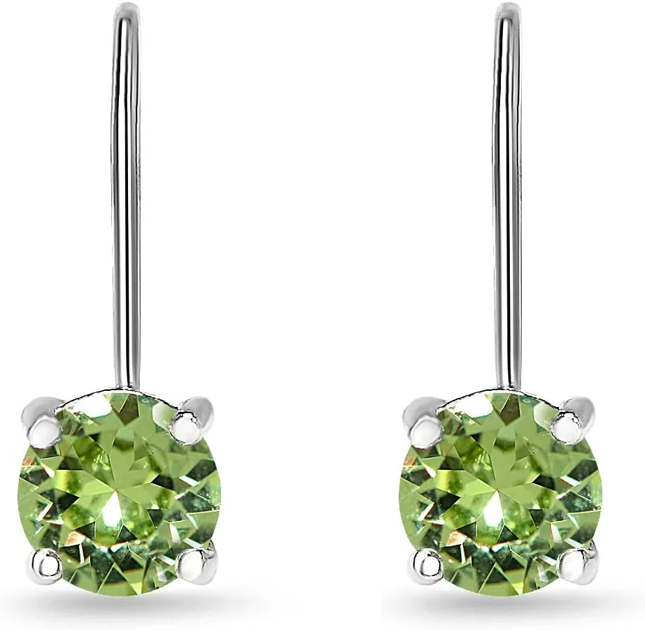 Sterling Silver Birthstone Drop Earrings, Crystal Solitaire Dangle Earrings, 6mm Round Leverback, Dainty